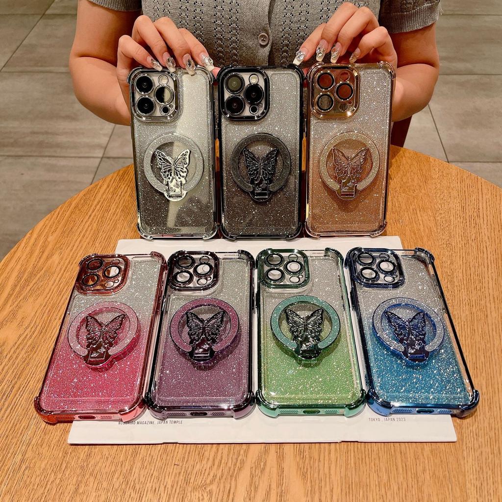 Applicable to iPhone16ProMax mobile phone case butterfly glitter bracket Apple 15 four corners anti-drop protective case