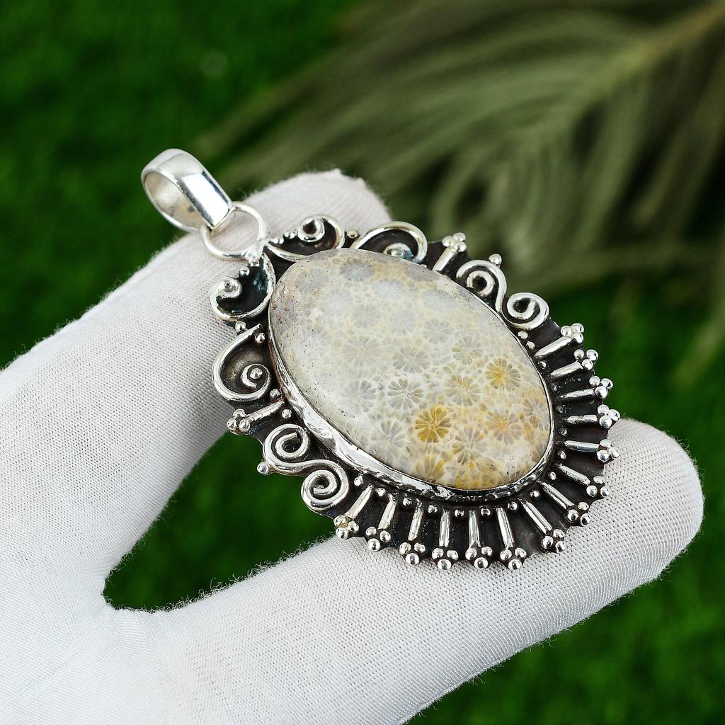 Sterling Silver Fossil Coral Stone Daughter Ethnic Handcrafted Bezel New Pendant