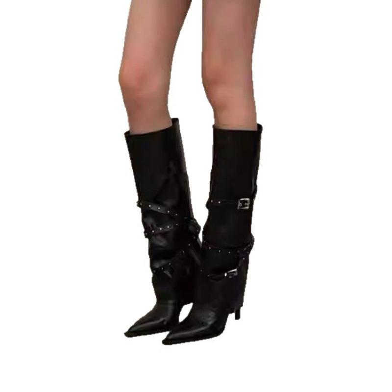 Остроконечная металлическая пряжка ремня заклепка винтажные западные ковбойские сапоги высокий каблук рыцарь острая девушка сапоги-брюки женские сапоги