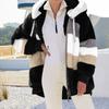 Women's Fashionable Plush Patchwork Zipper Pocket Hooded Long Sleeved Loose Warm Jacket