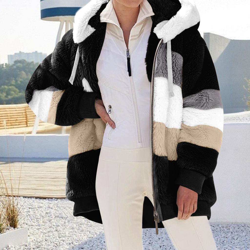 Women's Fashionable Plush Patchwork Zipper Pocket Hooded Long Sleeved Loose Warm Jacket