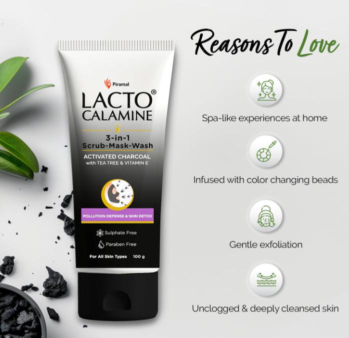 Lacto Calamine 3-в-1 Угольный скраб для лица, уголь для умывания, скраб для лица, маска для лица с каолиновой глиной, маслом чайного дерева и витамином Е 100 г