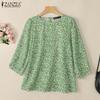 Women Summer Crew Neck 3/4 Sleeve Loose Print Blouse