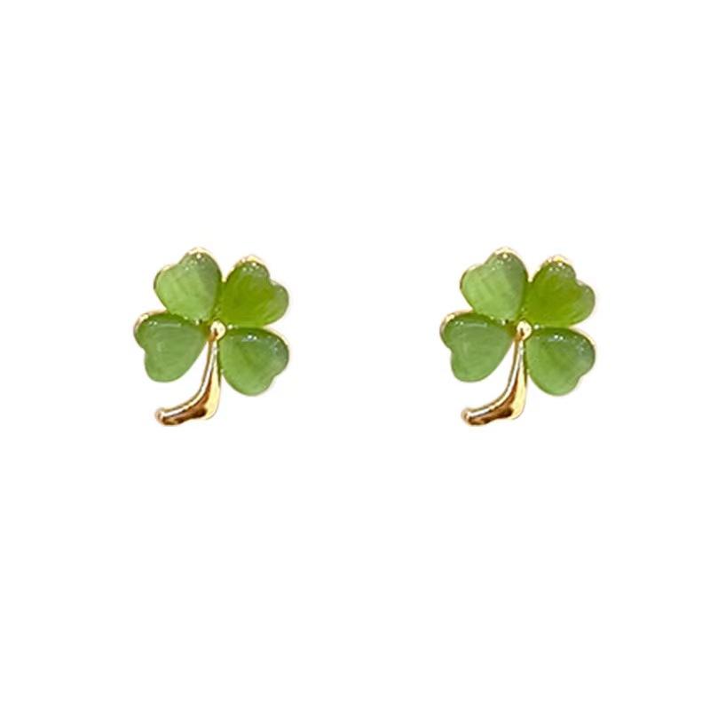 High-Quality Green Four Leaf Clover Earrings Wholesale New Fresh Sweet Earrings Cat's Eye Stone Earrings Bone Nail