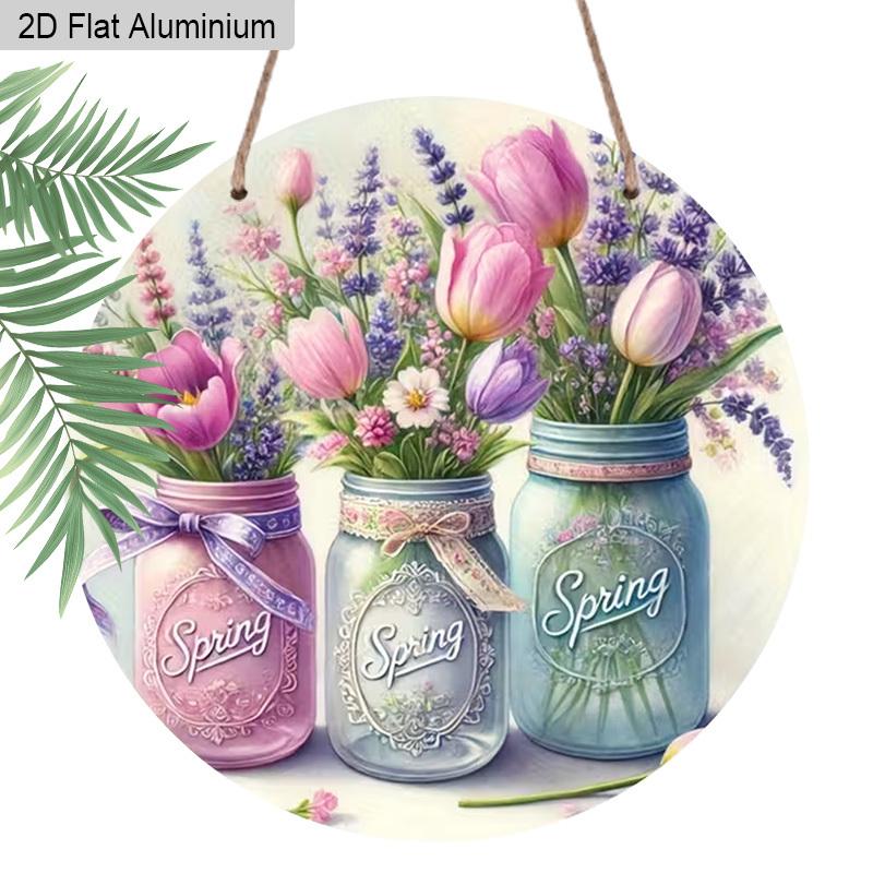2D Flat 1pc Spring Pastoral Vase Aluminum Sign Round Decorative Hanging Ornament, Home Kitchen Garden Balcony Fence Decor, Gardening Studio Decor