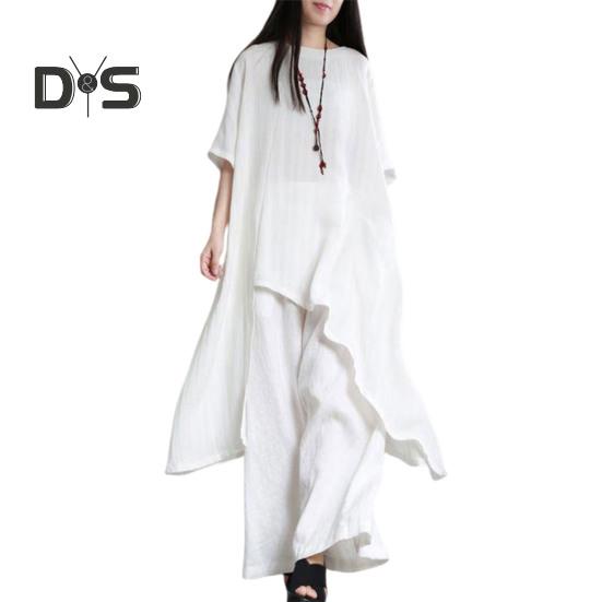 2Pcs/Set Cotton Linen Tops Pants Set O-neck Half Sleeve Irregular Hem Tops High Waist Long Pants Set Solid Color Casual Outfit