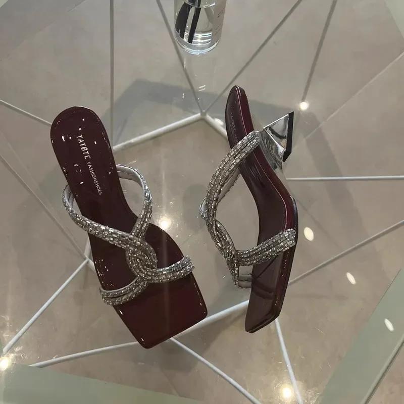 Модные женские тапочки Странный стиль Квадратный носок Стразы Женская обувь Повседневное платье Летний корейский стиль Zapatillas De Mujer