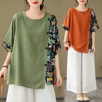 Винтажный принт пэчворк топы летние короткие рукава нерегулярные свободные футболки больших размеров повседневные модные элегантные женские футболки одежда