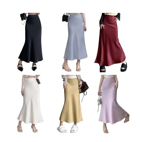 Women Fishtail Skirt High Waist Fishtail Hem Maxi Skirt Solid Color Retro Satin Texture Hip Wrapped Skirt