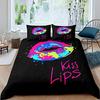 Kiss Lips Printed Comforter Cover Set Sexy Lips Duvet Cover for Woman Tie-Dye Boho Psychedelic Bedding Set Stylish Black Cover