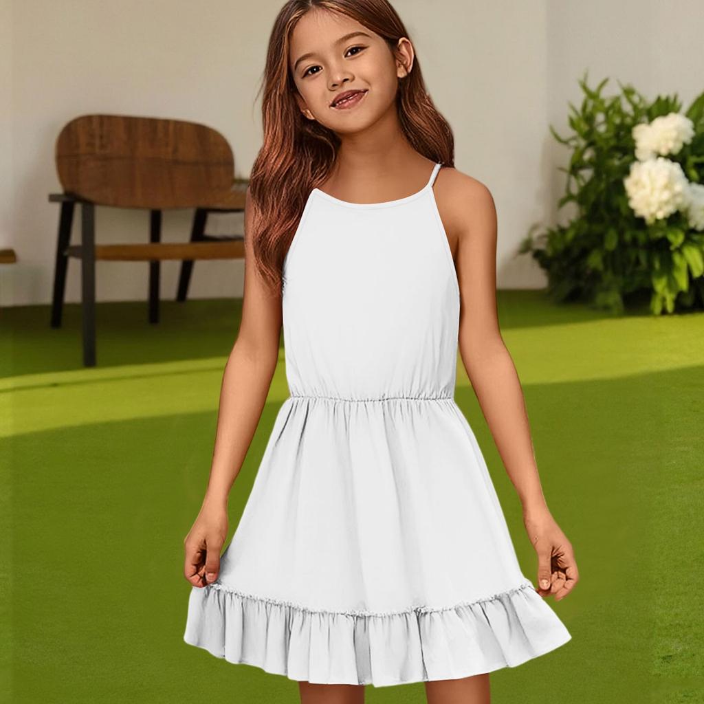 Детское летнее повседневное модное платье с круглым вырезом, однотонное, без рукавов