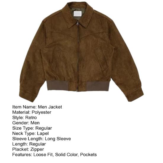 Men Short Jacket Lapel Long Sleeve Zipper Closure Solid Color Design Coat with