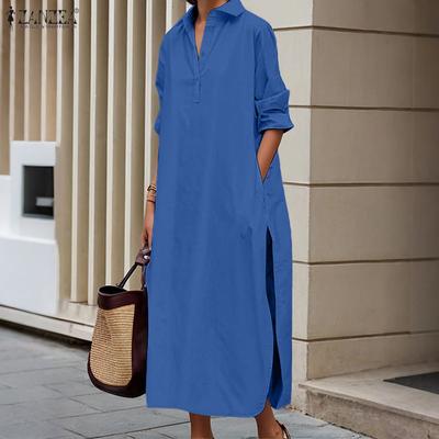 Женское повседневное платье-рубашка с отложным воротником, длинными рукавами и разрезами