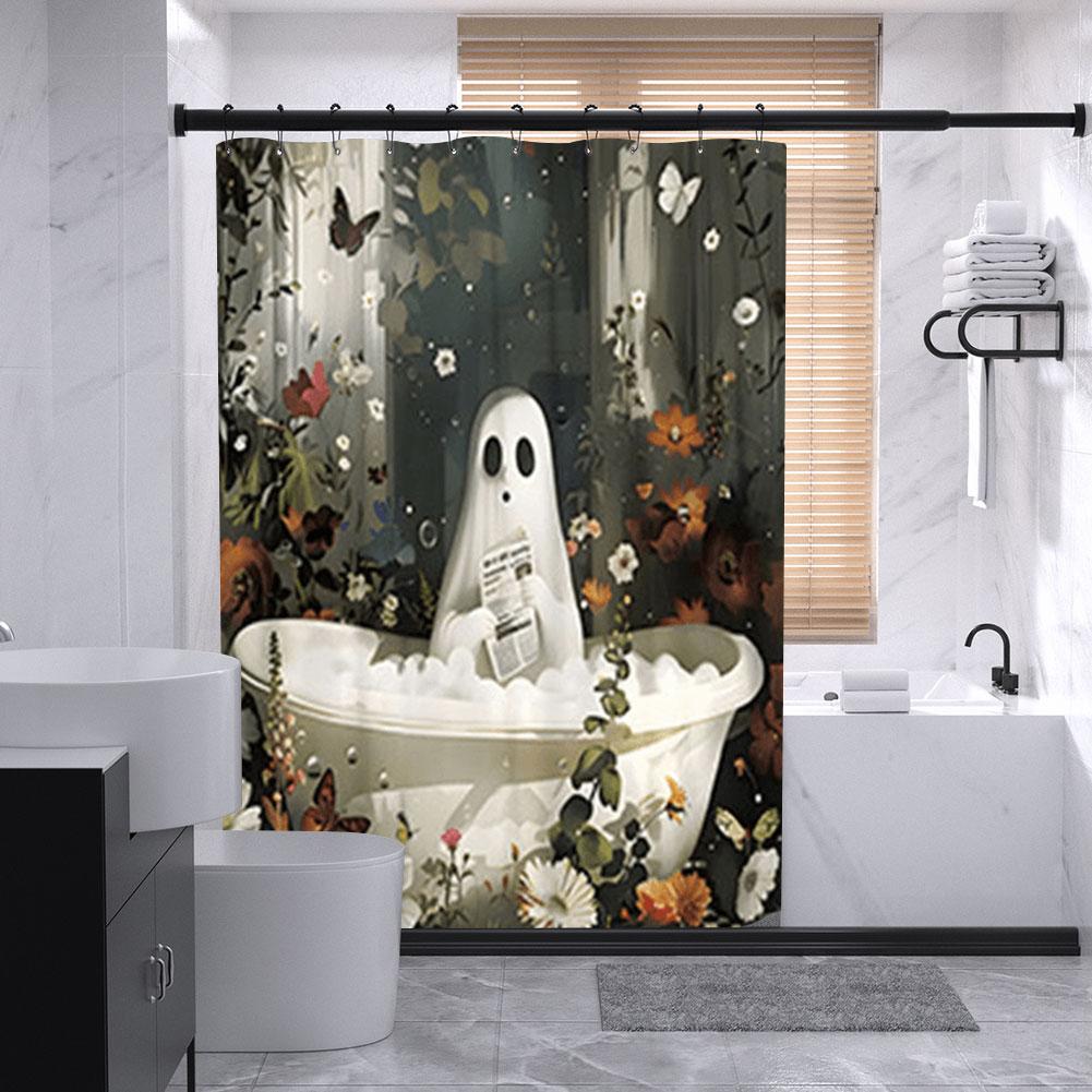 Cute Cartoon Ghost Shower Curtain Set Halloween Bathroom Curtain Washable Spooky Bathroom Curtain with Hooks for Bathroom Decor
