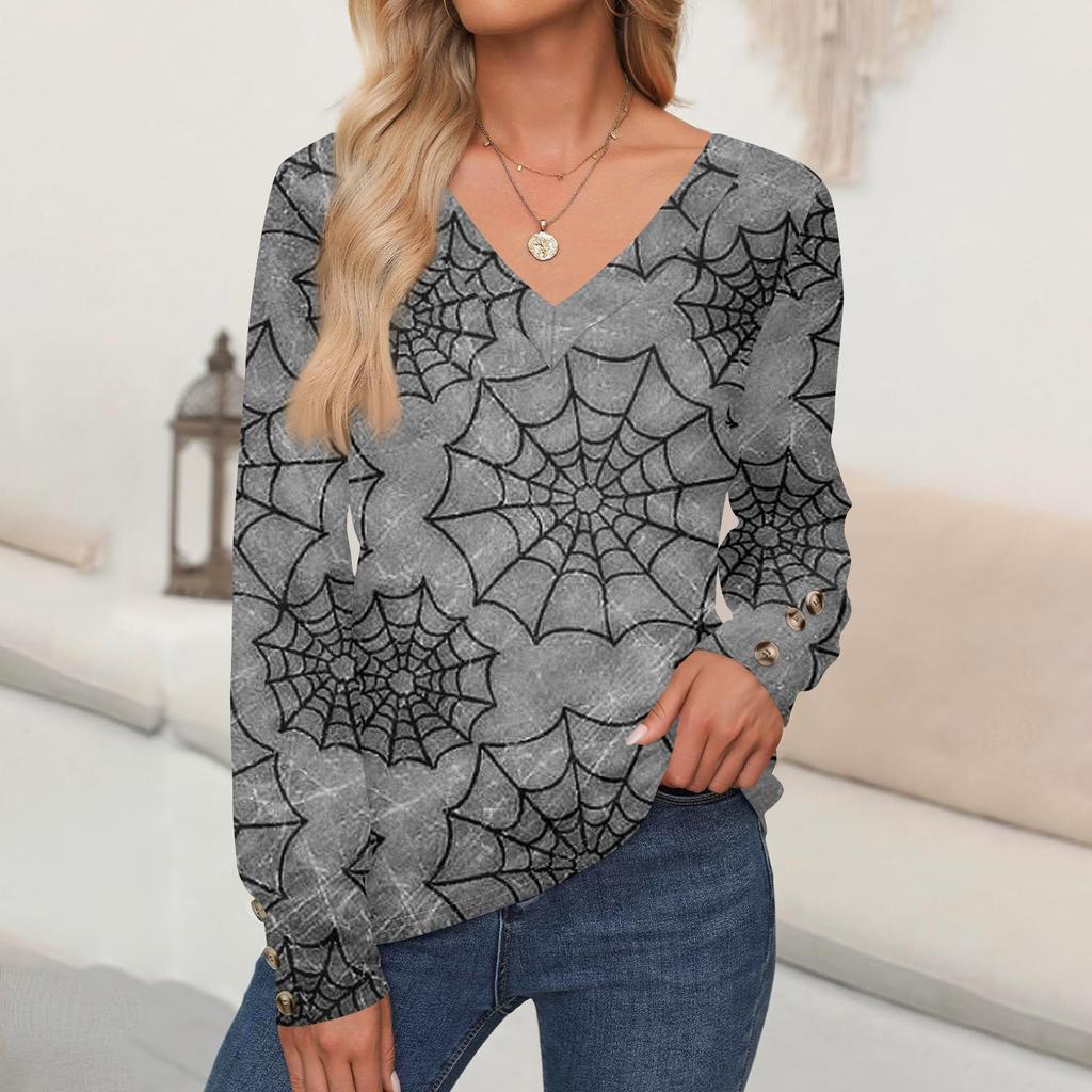 Женские топы с принтом на Хэллоуин, рубашка с длинным рукавом, V-образный вырез, повседневная свободная футболка, осенняя одежда