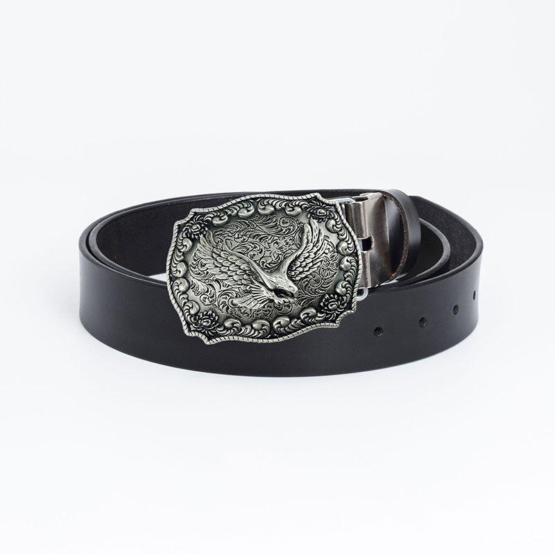 Vintage Cowhide Leather Eagle Belt - Western Cowboy Style for Youth & Stylish Guys