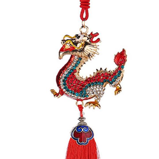 Фигурка китайского дракона, орнамент с красной кисточкой, стразы, инкрустация, цинковый сплав, модель зодиакального дракона, ремесленный орнамент, новогодняя модель животного, подвесная