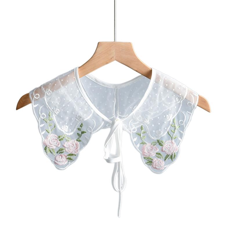 Royal Style Cotton Fake Collar Shawl Wrap Hollow Out Floral Lace Ruffled Trim Necklace Pointed Lapel Blouse Dropshipping