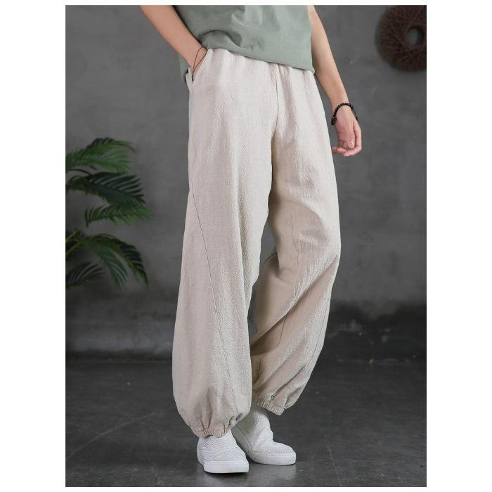 Блумеры из хлопка и льна, повседневные эластичные свободные женские брюки с высокой талией, корейская мода, широкие брюки длиной до щиколотки для женщин