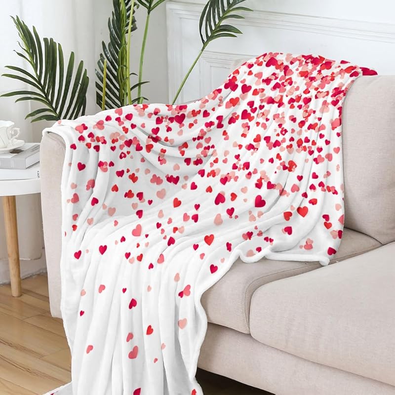 Valentine's Day Throw Blanket, Valentines Blanket Red Pink Heart Plaid Fuzzy Blanket Romantic Love Heart Decorative Soft Cozy Flannel Blanket for Mom