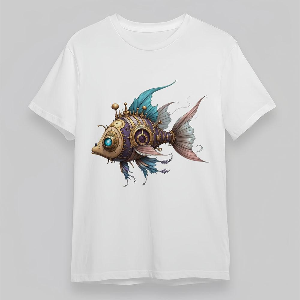 Men's Steampunk T-Shirt Fish Purple-Gold Gears Tee Cotton Comfy Oversize Short
