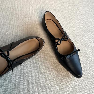 Овчина~ Черные туфли-лодочки женские с острым носком, неглубоким вырезом и бантом, из натуральной кожи, балетки женские, на низком каблуке, туфли Мэри Джейн женские