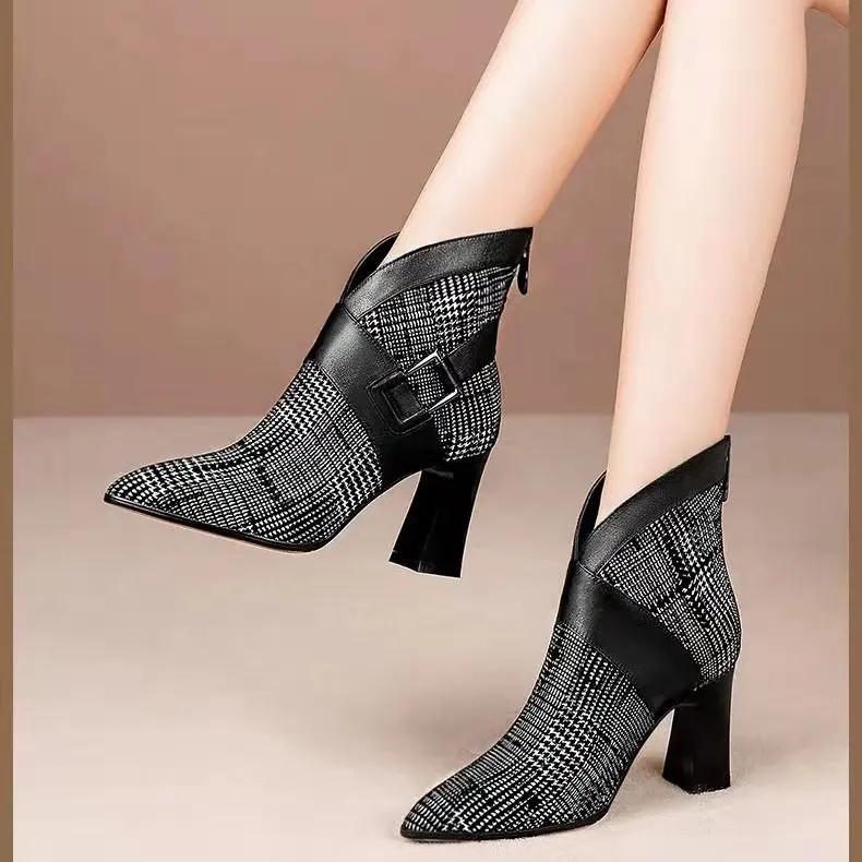 Sexy Women Boots 2025 Autumn and Winter V-Neck High Heels Ankle Shoes Boots Leather Booties Feminina Woman Wedding Party Shoes