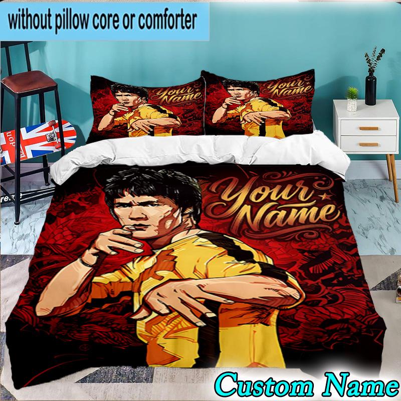 Custom Name 3PCS Dynamic Bruce-Lee Pose Bedding Set,Including  Duvet Cover And 2pcs Pillowcases Perfect for Bedroom,Dormitory,Fan Christmas gift