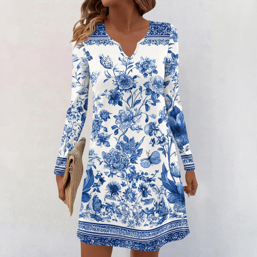 Women's Long-sleeved Casual Midi Dresses V-Neck Print Casual Dress