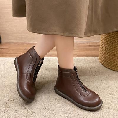 Мода 2024 года, новые осенне-зимние женские модные ботильоны с застежкой-молнией спереди, удобные, с круглым носком, однотонные, на низком каблуке, модные ботинки