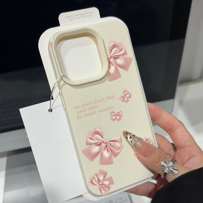 Pink Bowknot Print Soft Matte Case For iPhone 16 Pro Max 15 Pro 14 13 12 11 Solid Color Shockproof TPU Leather Texture Slim Phone Cover