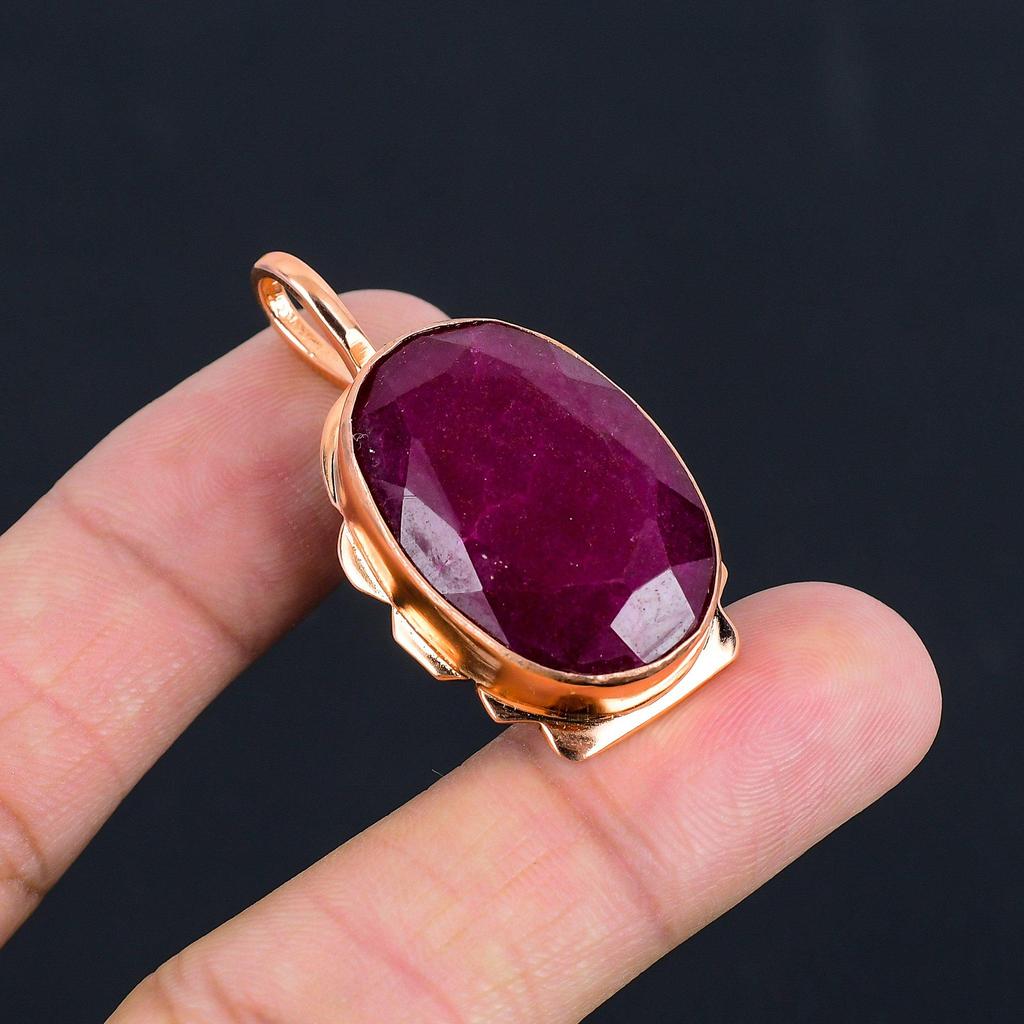 Ruby Lab-Created Gemstone Copper Jewelry Handmade Chain Pendant For Her