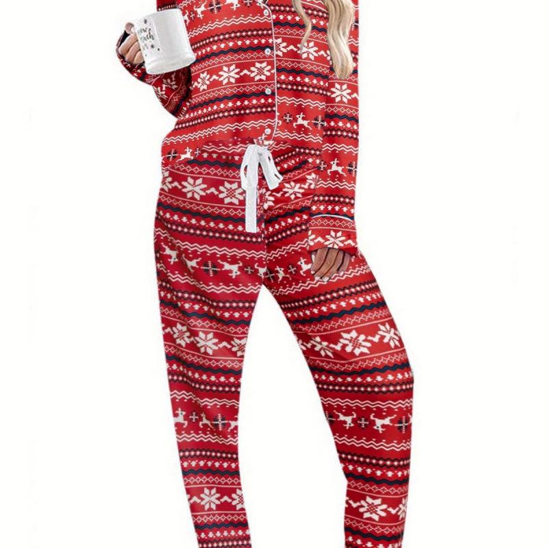 Женская пижамная рубашка с длинным рукавом - Повседневная на пуговицах