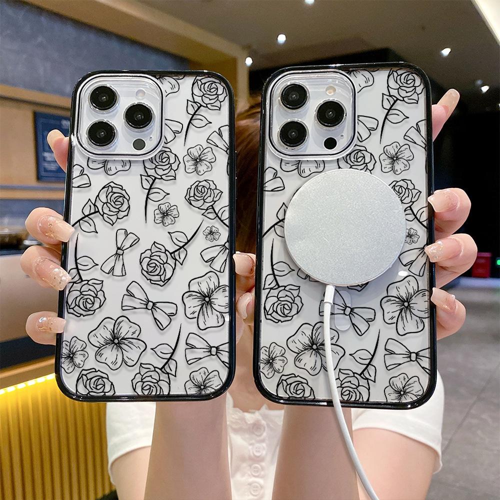 Sketch sweet rose mobile phone case iPhone15 magnetic transparent Apple 17promax anti-drop protective case 16