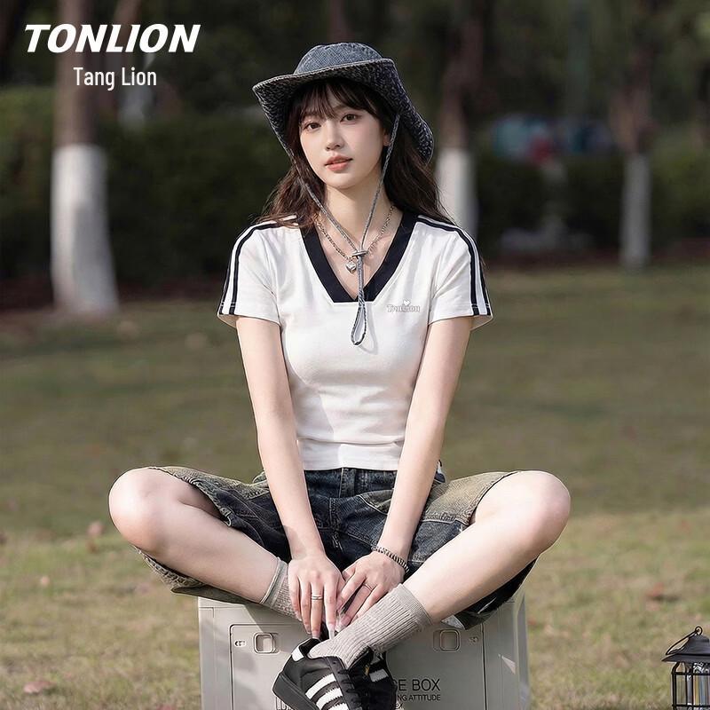 Женская футболка TonLion с V-образным вырезом, блоками цвета и коротким рукавом