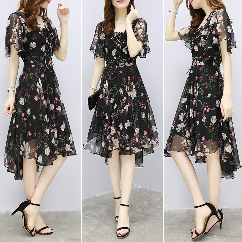 Women Chiffon Print Dress Spring Office Lady V-Neck Flare Sleeve Slim Knee-Length Female Summer Clothes