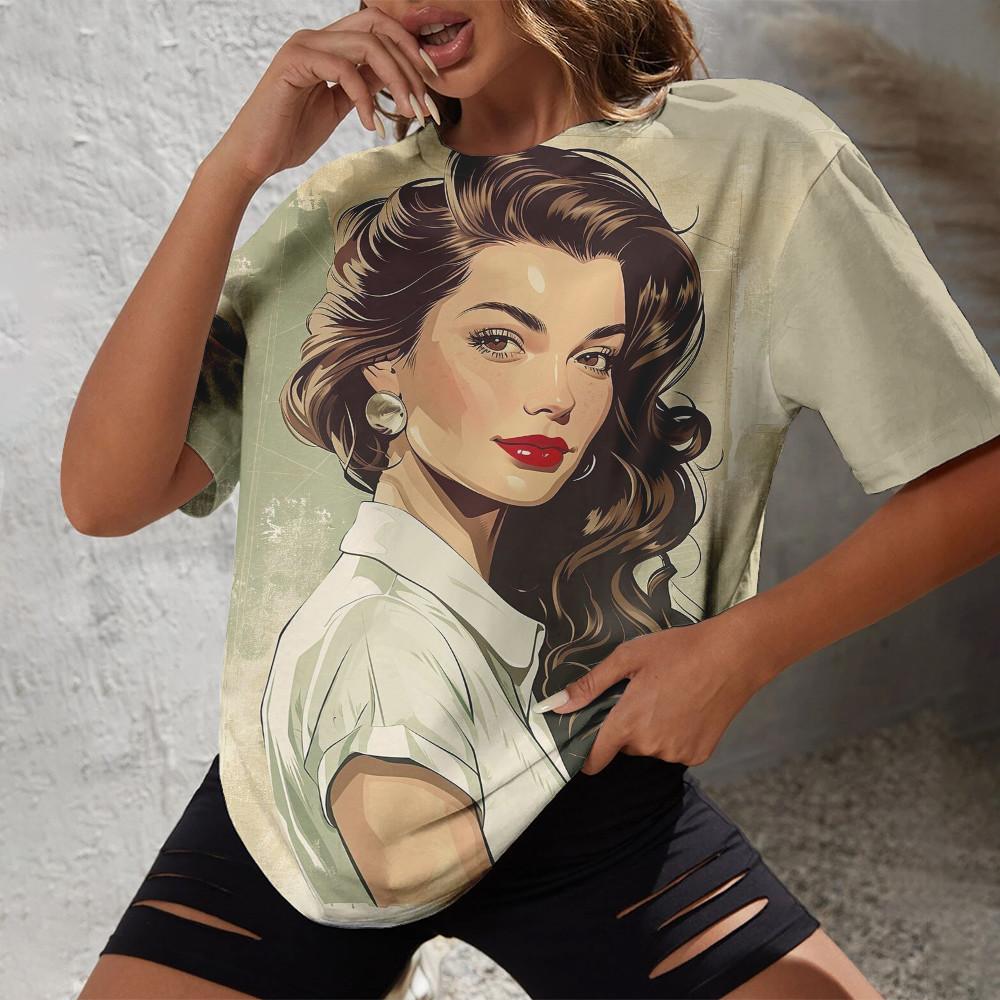 Летняя уличная повседневная и удобная повседневная женская футболка 2024 года, минималистичная футболка с круглым вырезом и короткими рукавами с принтом и портретом