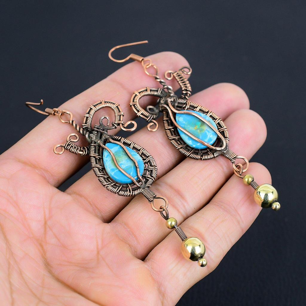 Larimar Earrings, 999 Copper Wire Wrapped Jewelry, Gemstone Earrings, Gift For Her Handmade Dainty Jewelry