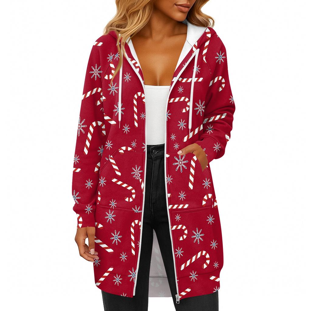 Women's Fashionable Christmas Printed Long Sleeved Drawstring Hooded Zipper Pocket Long Casual Sweatshirt Jacket