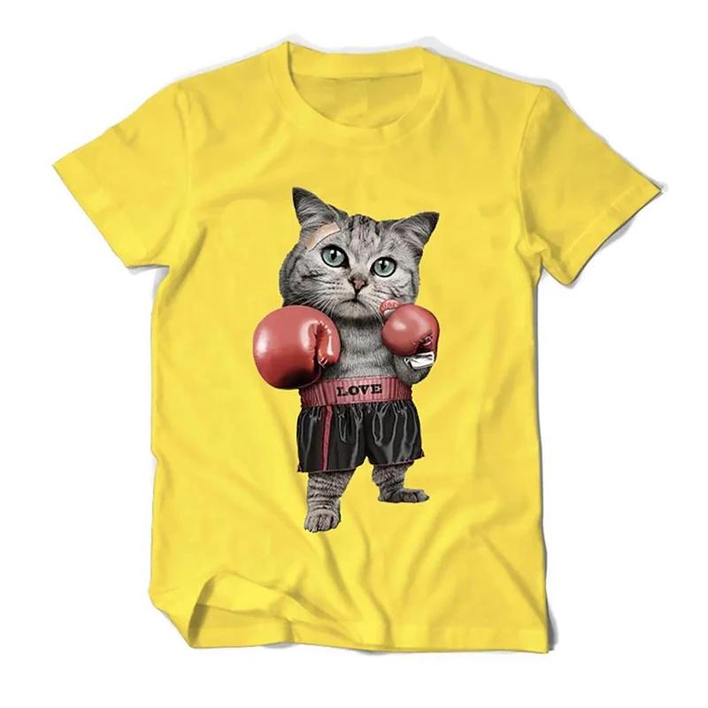 Boxing Cat Graphic Tee Unisex Women Cotton Round Neck Casual TShirt