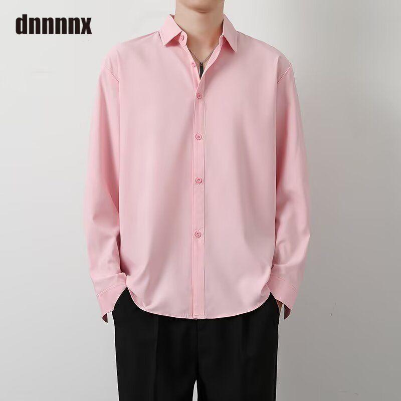 Весенняя Стильная Свободная Однотонная Универсальная Повседневная Рубашка с Длинным Рукавом из Ледяного Шелка для Мужчин Женщин