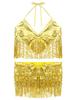 2Pcs Womens Shiny Sequin Tassels Belly Dance Costume Halter Bra Top with Hip Scarf Wrap Skirts Set Ballroom Dancewear