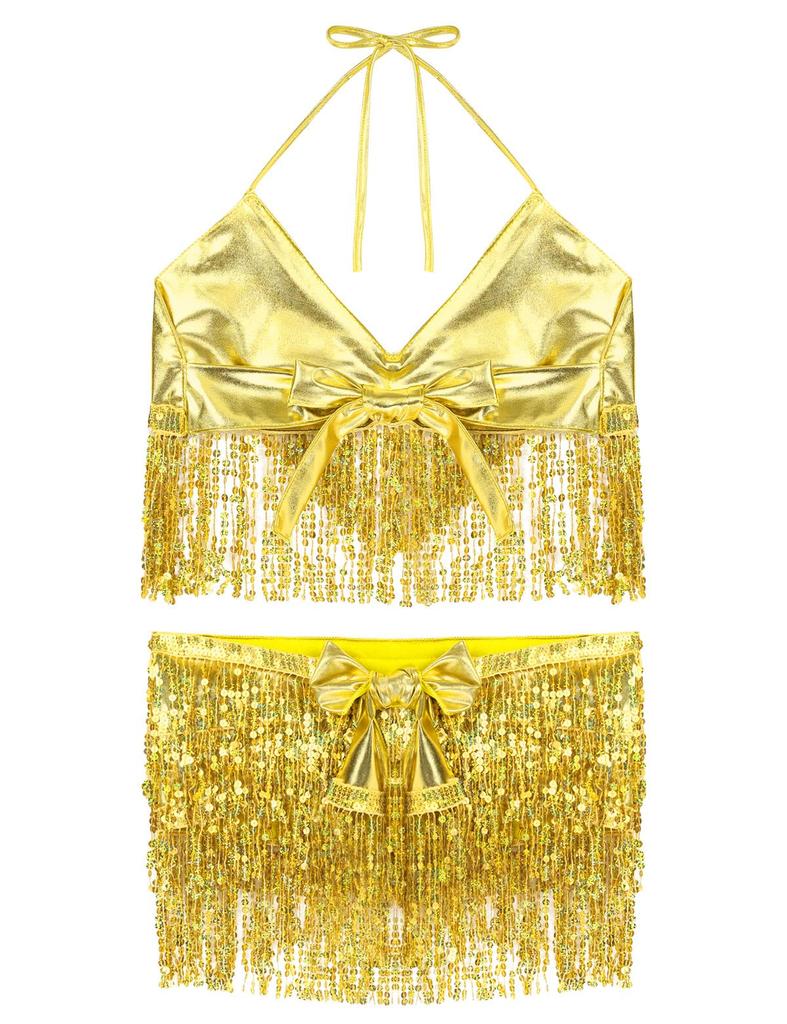 2Pcs Womens Shiny Sequin Tassels Belly Dance Costume Halter Bra Top with Hip Scarf Wrap Skirts Set Ballroom Dancewear