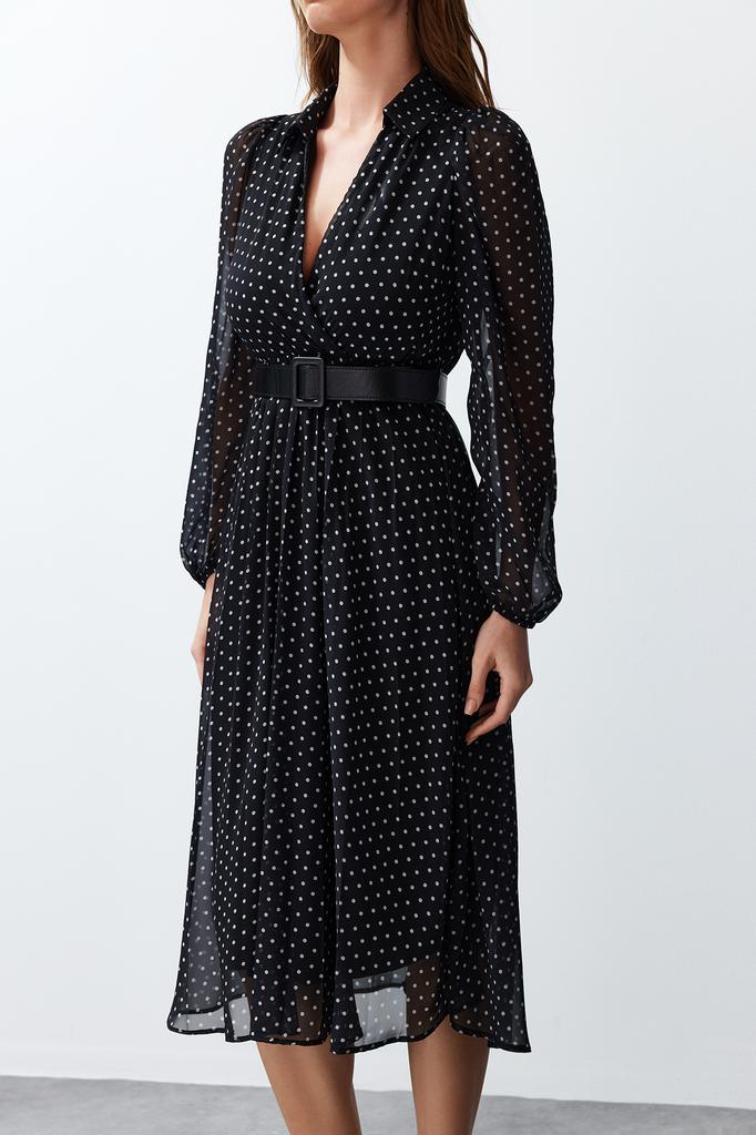 Женское модное дневное и ночное макси-платье с объемными рукавами и черным поясом в горошек на шифоновой подкладке макси-тканое платье