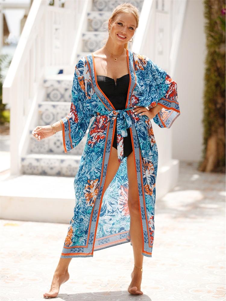 EDOLYNSA 2024 летние сексуальные накидки на бикини с поясом, кимоно, кардиган с принтом, длинный купальник, накидка для женщин, домашнее платье больших размеров Q1512