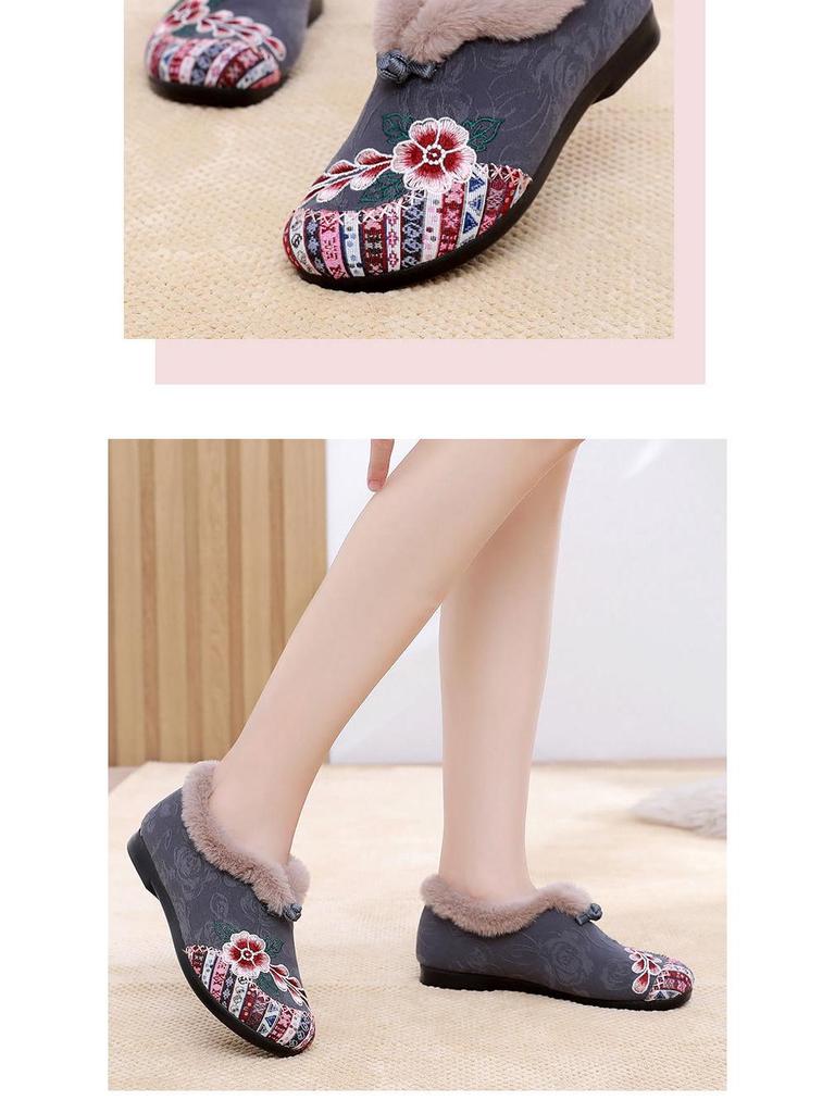 Теплые этнические вышитые хлопковые туфли – Мягкая подошва, меховая подкладка, комфорт для среднего и пожилого возраста