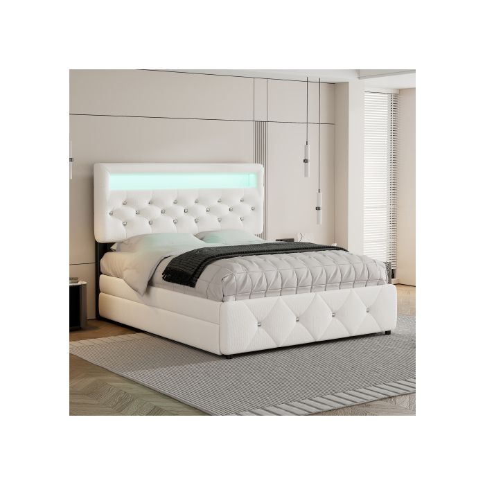 Lit capitonné - MUVOE - 140x200 cm - Blanc - 2 tiroirs - Design élégant