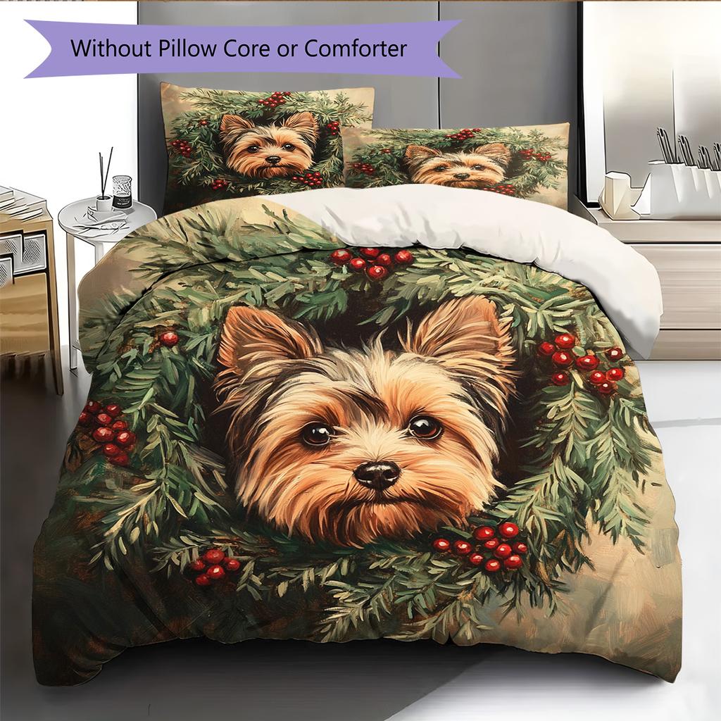 Holly Wreath Cat and Dog Pattern Bedding Quilt Set Quilt Cover Pillowcase Home Decoration Gift (1 * duvet cover + 2 * pillowcase, without core)