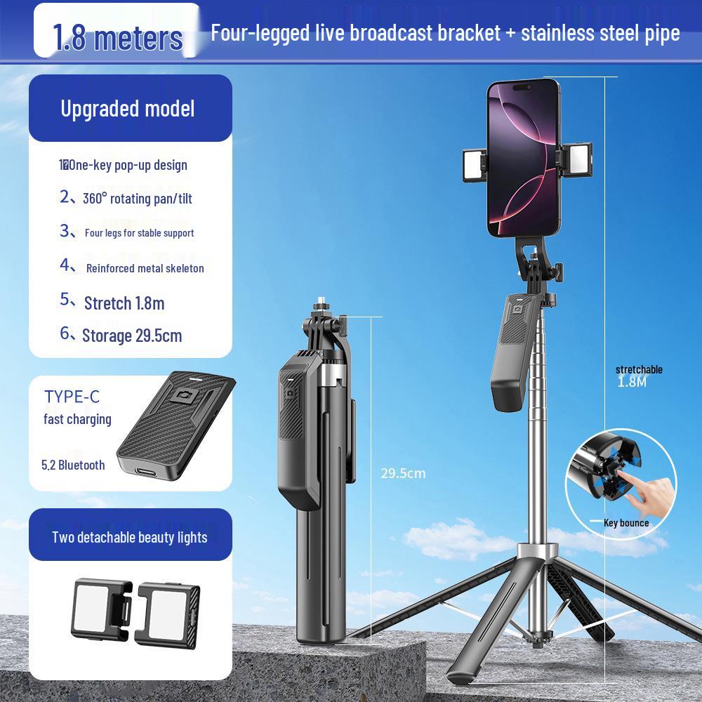 1.8m Aluminum Alloy Selfie Stick with Bluetooth Remote and Phone Holder for Live Streaming