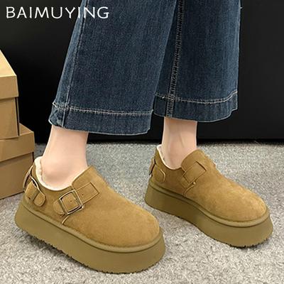 Замшевые женские зимние ботинки на платформе, короткие плюшевые туфли на плоской подошве из хлопка, тренд 2025 года, дизайнерские повседневные туфли с пряжкой, теплые зимние новые ботинки для женщин